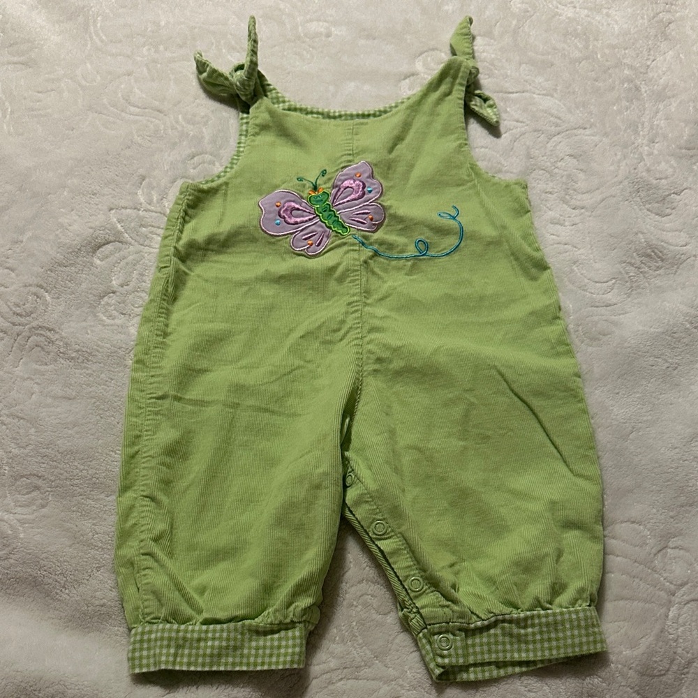 Mulberry St. Corduroy Green Romper with Purple Butterfly Applique Sz 9m